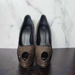 Giuseppe Zanotti Sharon Theron Glitter Gold Black Peep Toe Heels Pumps (Size 38)